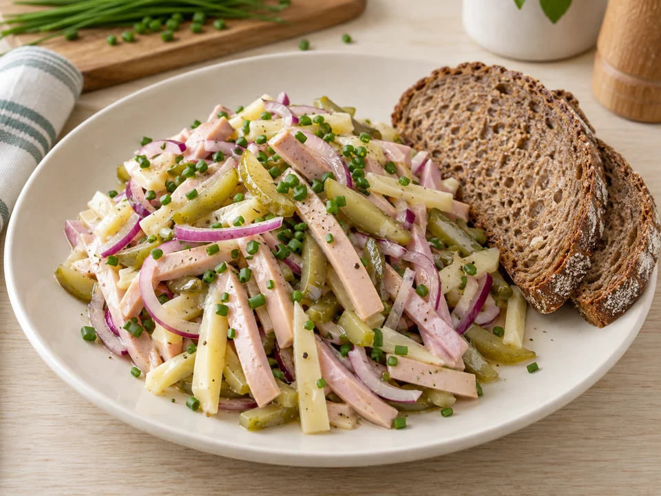 Wurstsalat nach der Ziehzeit mit Brot servieren.