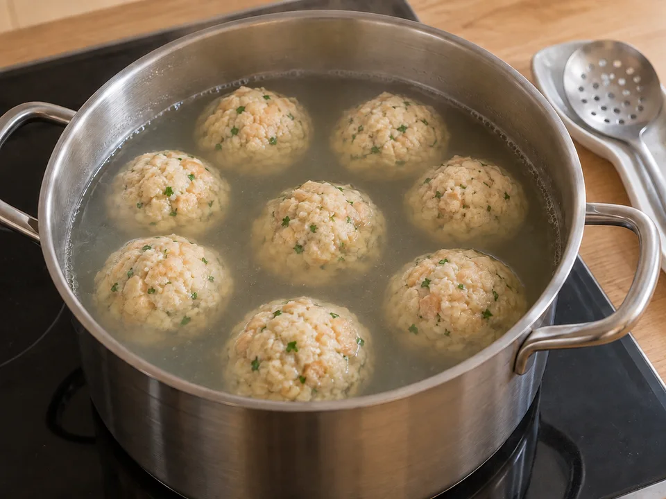 Die Knödel ziehen in Salzwasser bei sehr leisem Sieden; sprudelndes Kochen vermeiden.