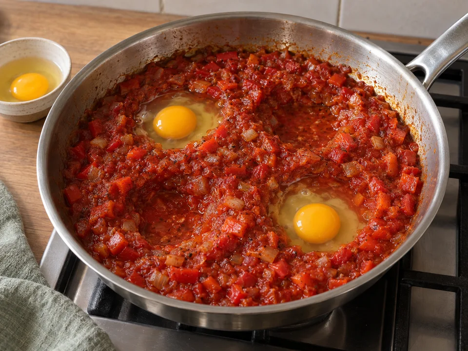 Vier Mulden halten die Eier in der eingekochten Tomaten-Paprika-Sauce. Die Eier werden einzeln aus einer kleinen Tasse hineingegeben.