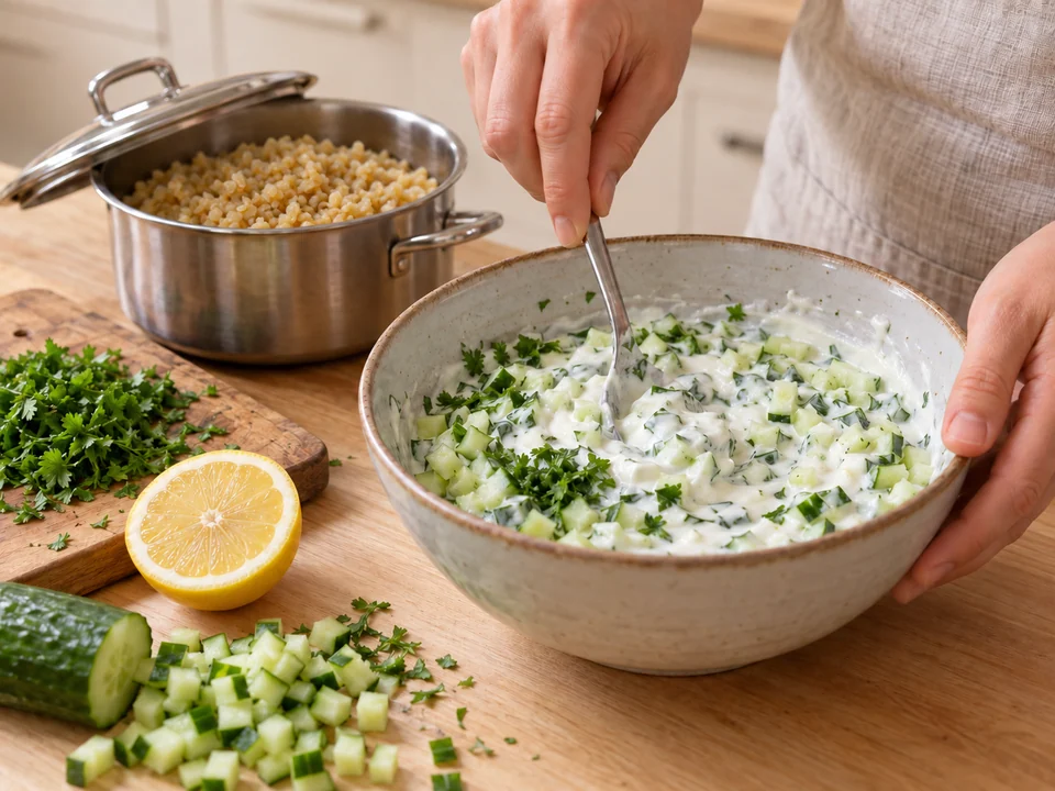 Bulgur quellen und Kräuterjoghurt rühren