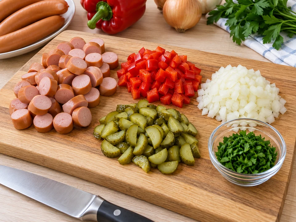 Würstchen, Paprika, Zwiebel und Gurken vorbereiten.