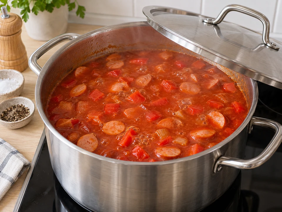 Tomaten und Wasser zugeben und die Paprika weich garen.
