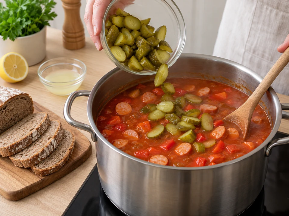 Gewürzgurken erst gegen Ende in der Suppe erwärmen.