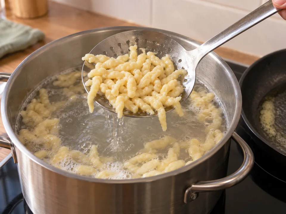 Die aufgestiegenen Spätzle noch etwa eine Minute garen und dann mit der Schaumkelle aus dem Wasser in die Butterpfanne heben.