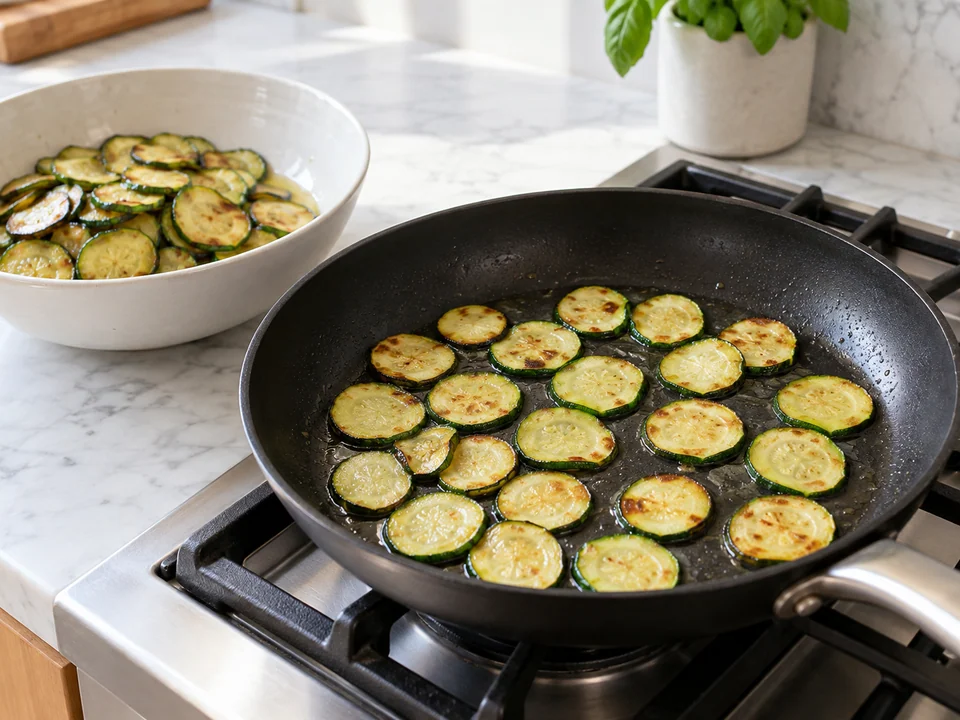 Zucchinischeiben in drei Chargen bräunen