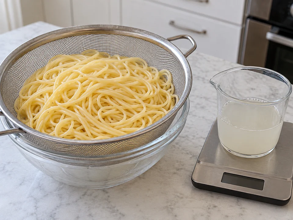 Spaghetti knapp garen und Kochwasser abwiegen