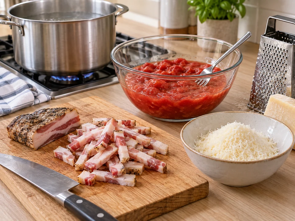 Guanciale schneiden und Pecorino fein reiben