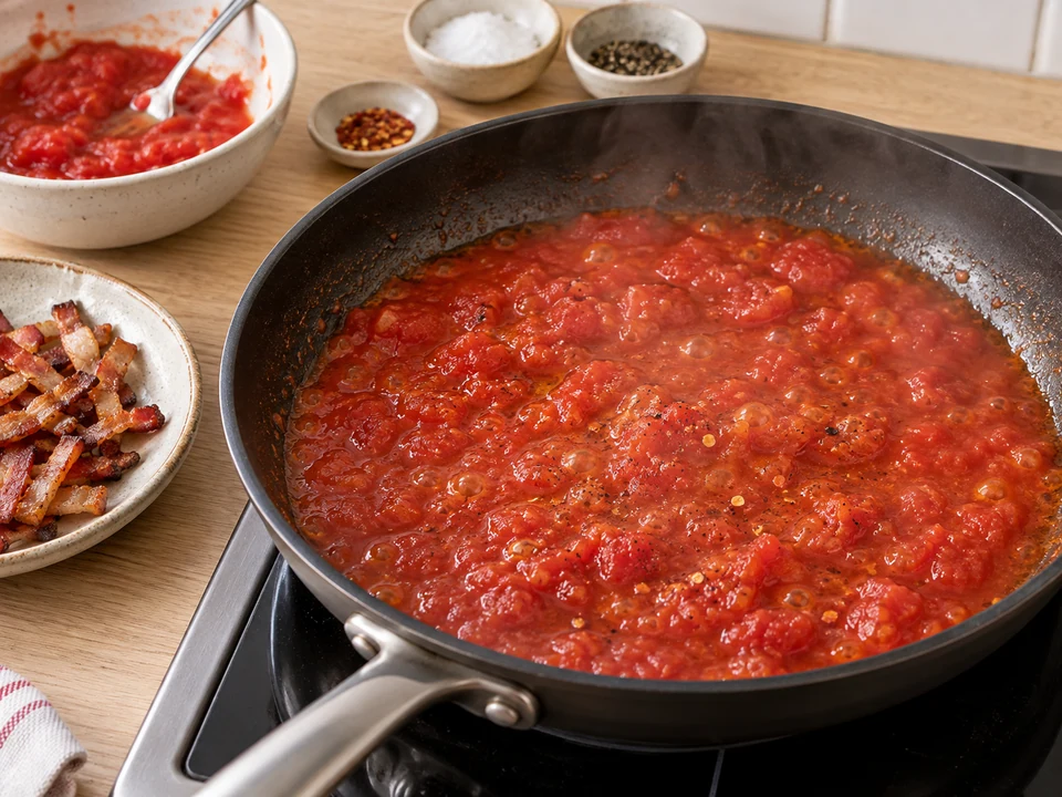 Tomaten im Speckfett zur Sauce köcheln