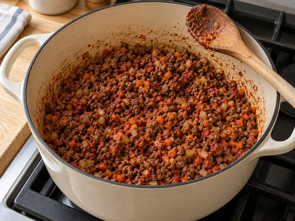 Krümelig gebräuntes Hackfleisch und kleine Gemüsewürfel mit angeröstetem Tomatenmark – noch ohne Tomaten und Flüssigkeit.