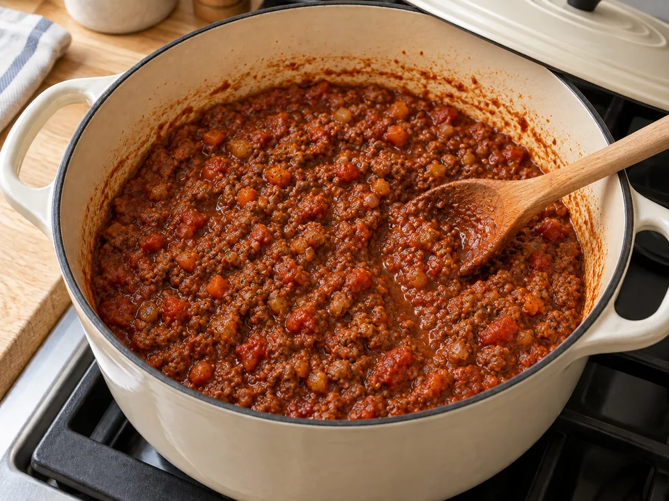 Nach dem langsamen Schmoren umhüllt eine dicke, saftige Sauce das Hackfleisch. Das Ragù soll weder wässrig noch trocken sein.