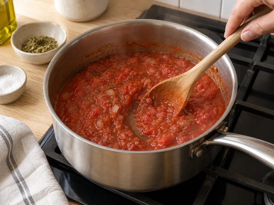 Die Tomatensauce offen köcheln lassen, bis sie sämig ist.
