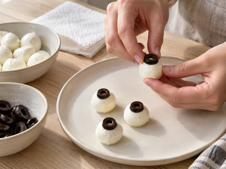 Mozzarella und Oliven trocken tupfen und auf jede Kugel einen Olivenring mit der Öffnung nach oben setzen.