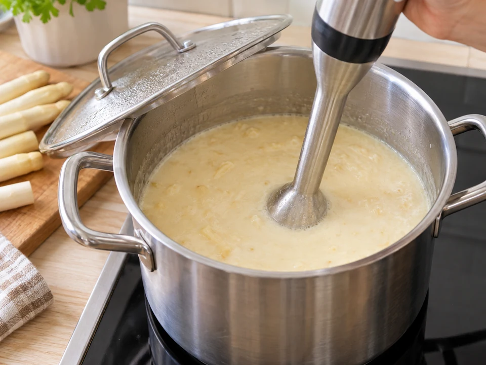 Die weich gekochten Spargelstücke vorsichtig fein pürieren.