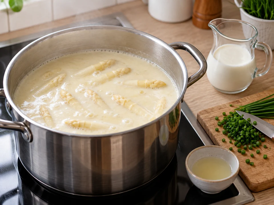 Spargelspitzen erst nach dem Pürieren in der Suppe garen.