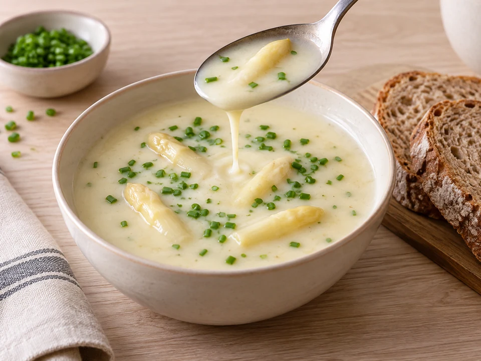 Die Spargelcremesuppe mit Schnittlauch und Brot servieren.