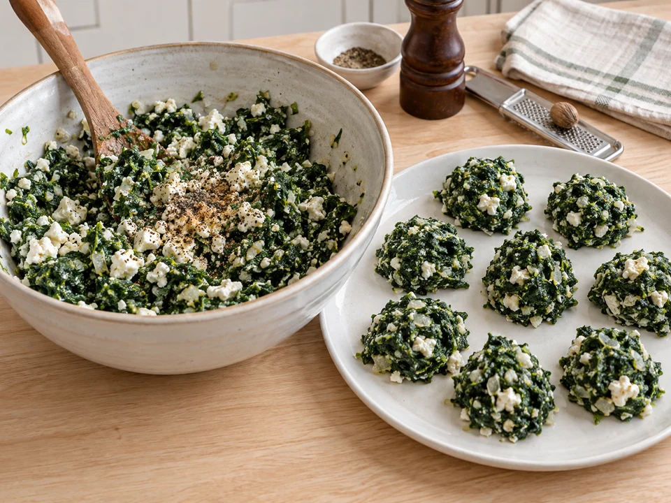 Abgekühlten Spinat mit zerbröseltem Feta mischen.