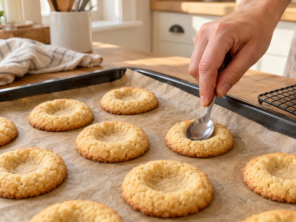 In die noch weiche Cookie-Mitte eine flache Mulde drücken und die Cookies anschließend vollständig auskühlen lassen.
