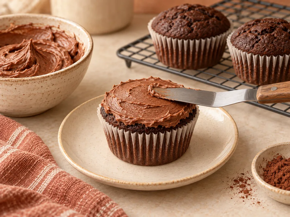 Auf den vollständig kühlen Muffins eine niedrige Kakaocremehaube verteilen.