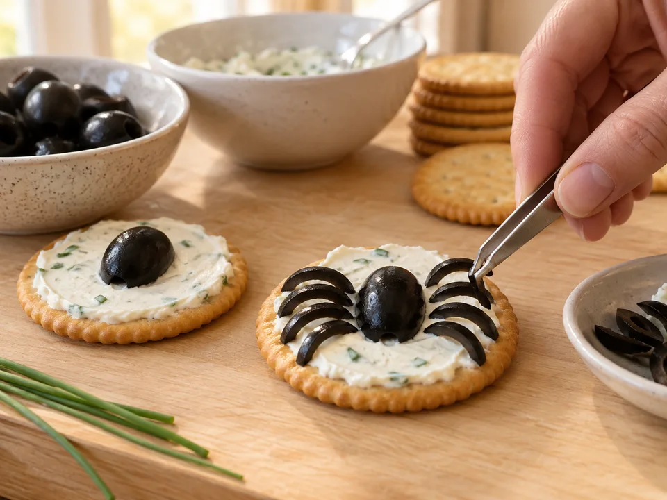 Je einen Olivenkörper und acht Beine auf die Creme legen, vier auf jeder Seite.