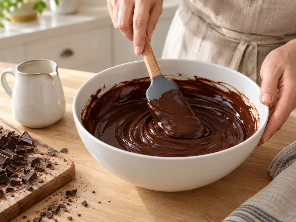 Die heiße Sahne mit der gehackten Schokolade zu glatter Ganache verrühren und streichfähig abkühlen lassen.