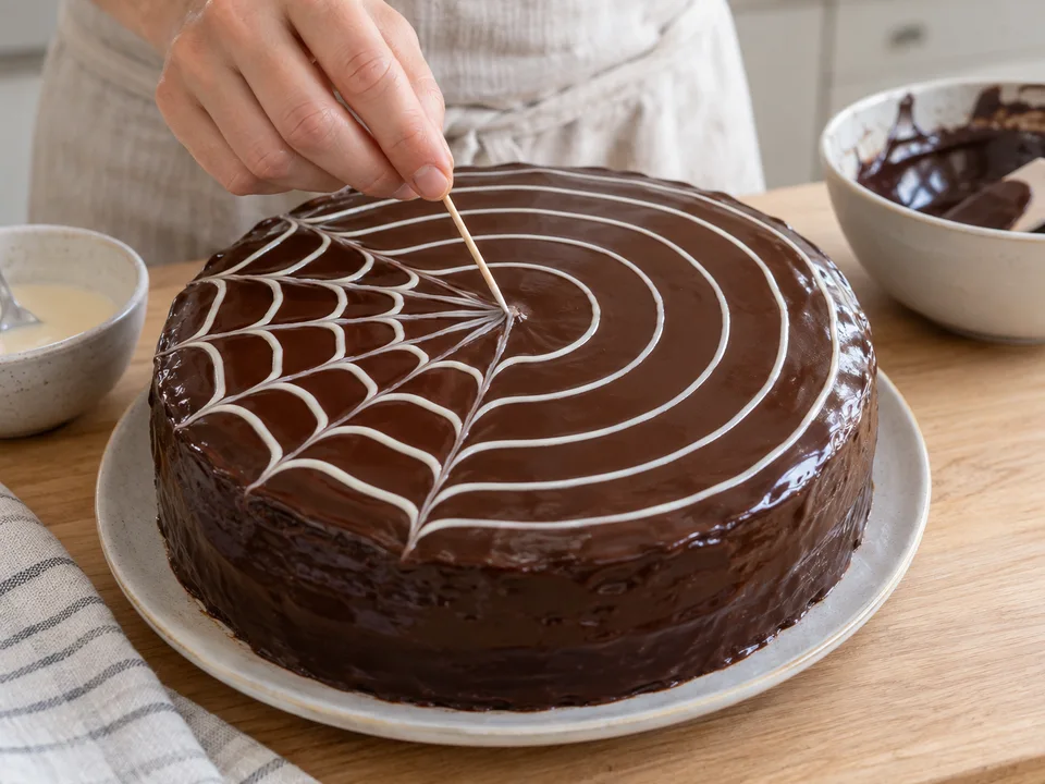 Dünne weiße Kreise auf die feuchte Ganache spritzen und mit einem Zahnstocher nach außen zu einem Netz ziehen.