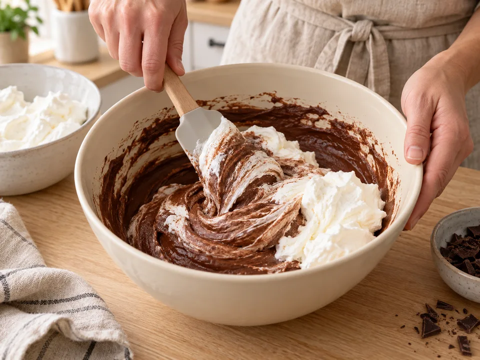 Die restliche geschlagene Sahne in zwei Portionen vorsichtig unter die abgekühlte Schokomischung heben.