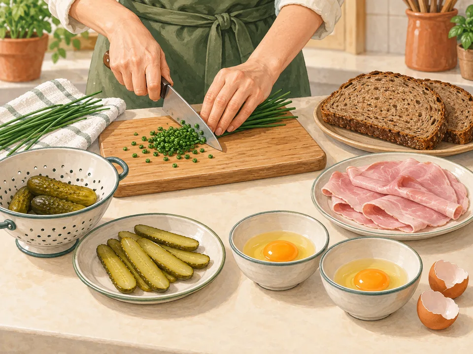 Schnittlauch, Gurken, Brot, Schinken und Eier vorbereiten.