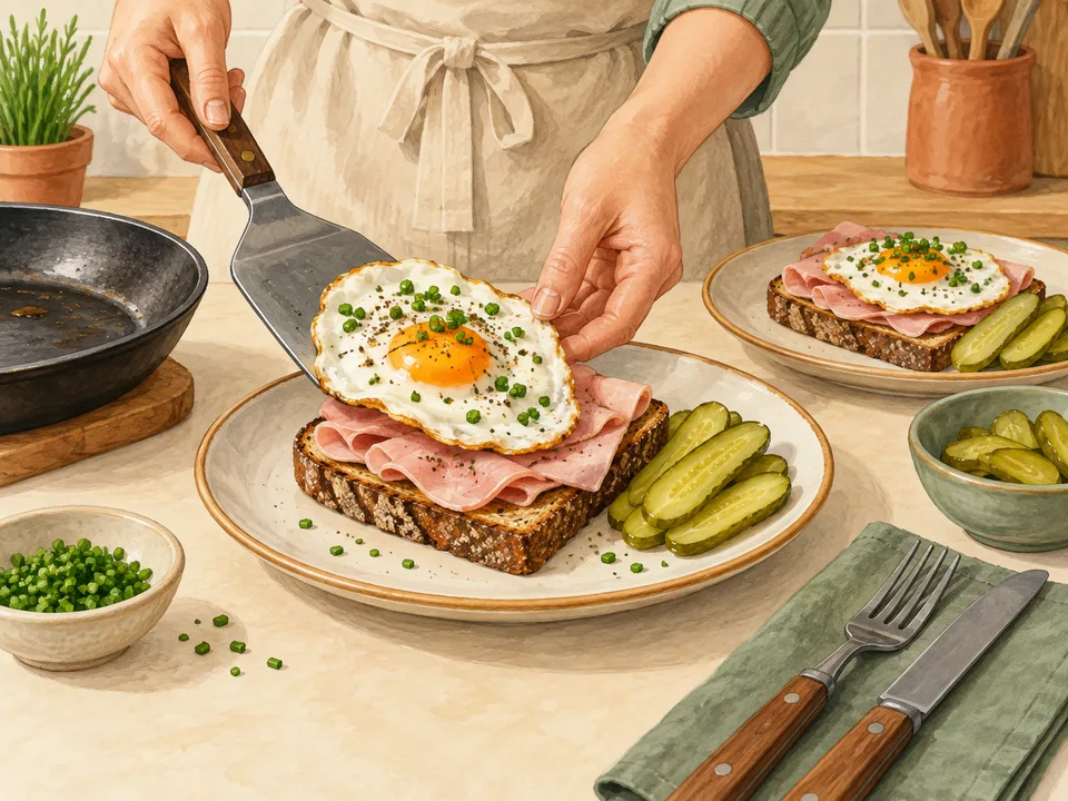 Ein Spiegelei auf das Schinkenbrot heben und mit Gurken servieren.