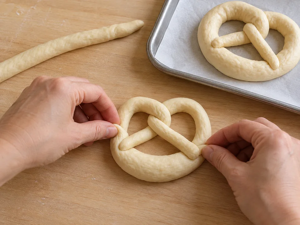 Die Strangenden kreuzen und unten am Teigbogen befestigen, sodass eine kleine Brezel entsteht.