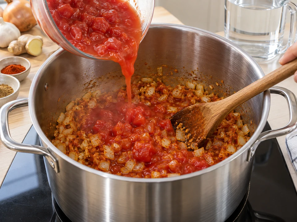 Zwiebel, Ingwer und Gewürze kurz dünsten.
