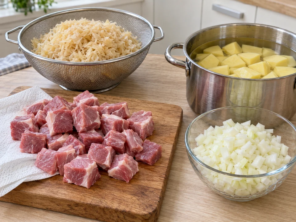 Fleisch würfeln und das abgetropfte Sauerkraut abwiegen.