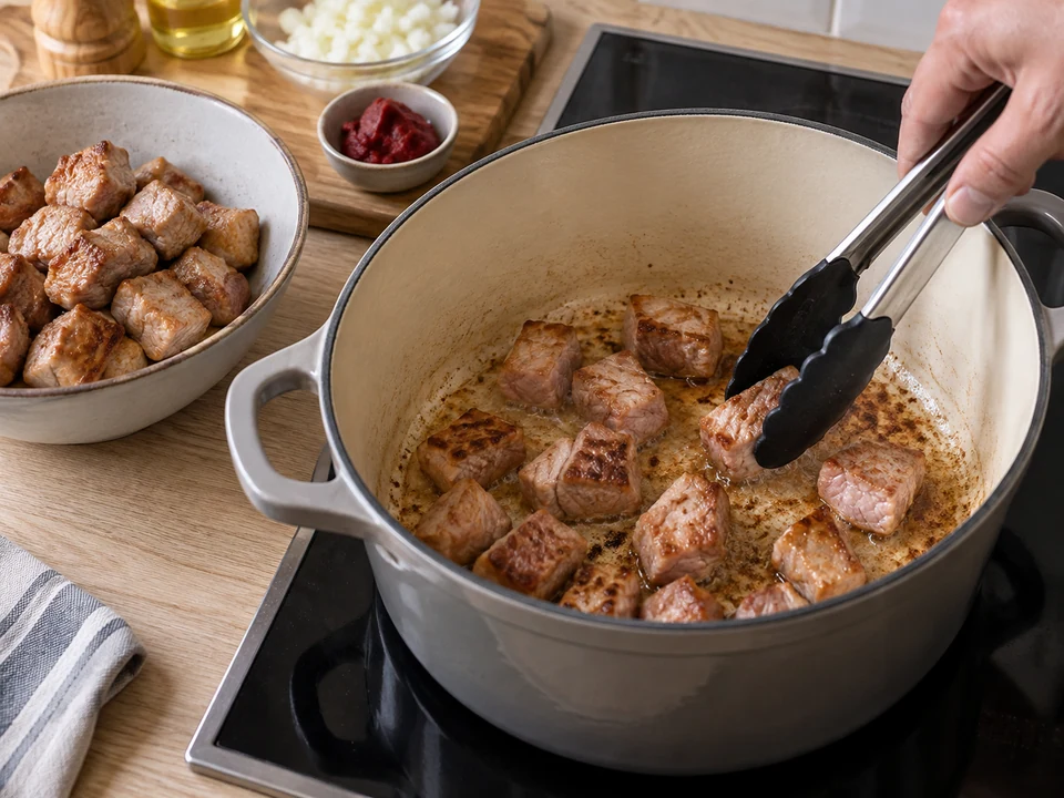 Das Fleisch in zwei Portionen bräunen.