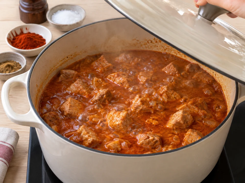 Das angebratene Schweinefleisch langsam in Paprikasud schmoren.