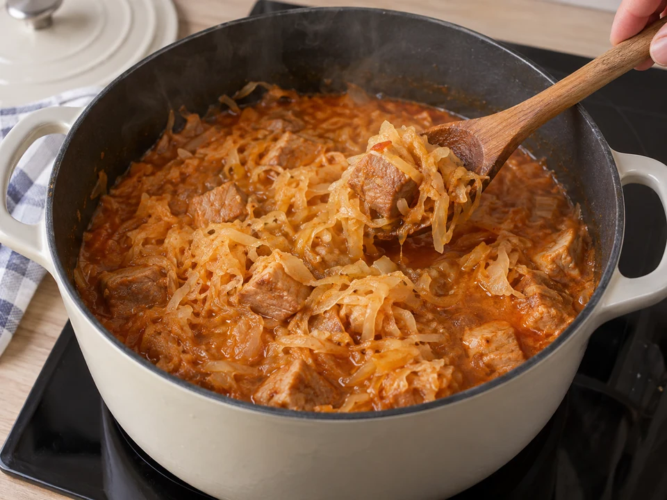 Sauerkraut zugeben und das Fleisch vollständig weich schmoren.