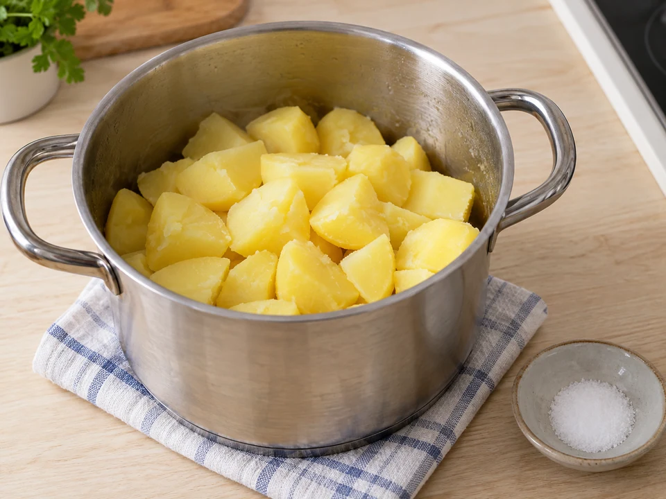 Die Beilagenkartoffeln weich kochen und erst danach salzen.