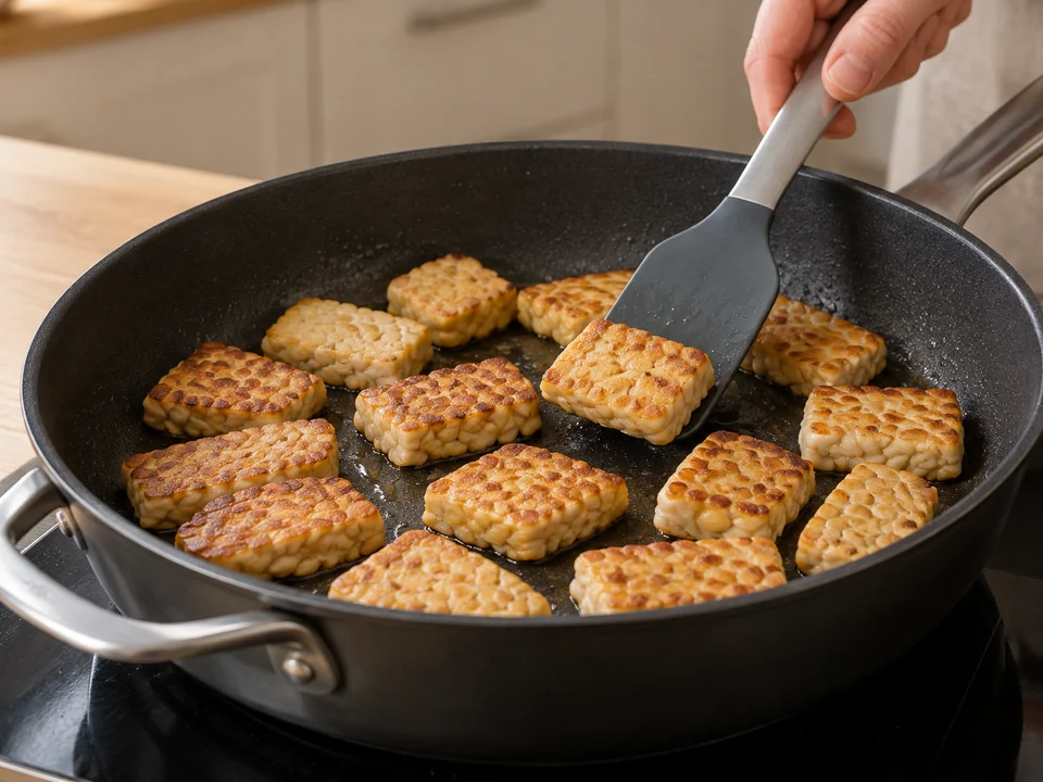 Tempeh in Chargen bräunen