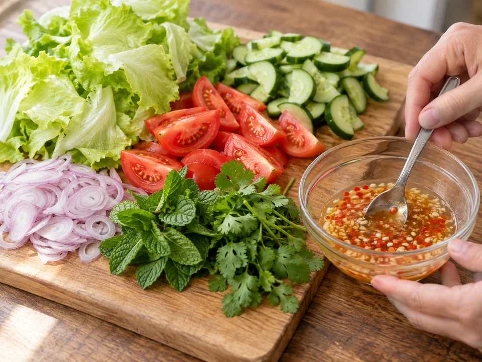 Gurke, Tomaten, Kopfsalat, Schalotten und Kräuter mit separat vorbereitetem Limetten-Fischsaucendressing bereitlegen.
