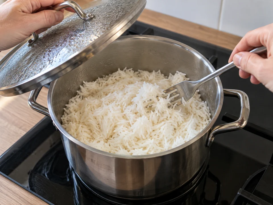 Gekochten Langkornreis mit einer Gabel auflockern.
