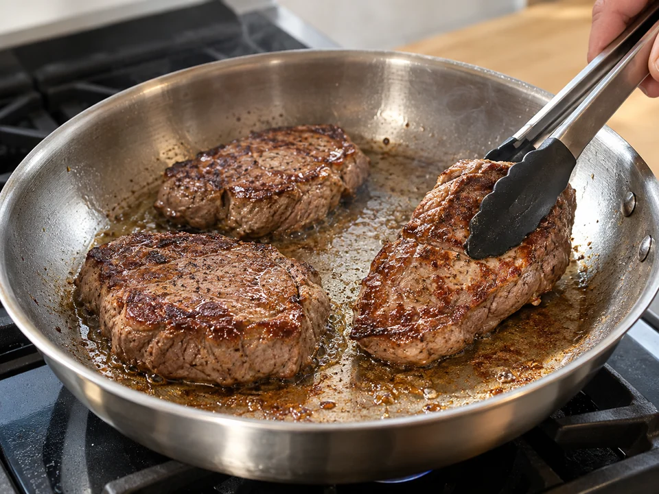 Rindersteaks als einzelne lockere Charge in der Edelstahlpfanne wenden.