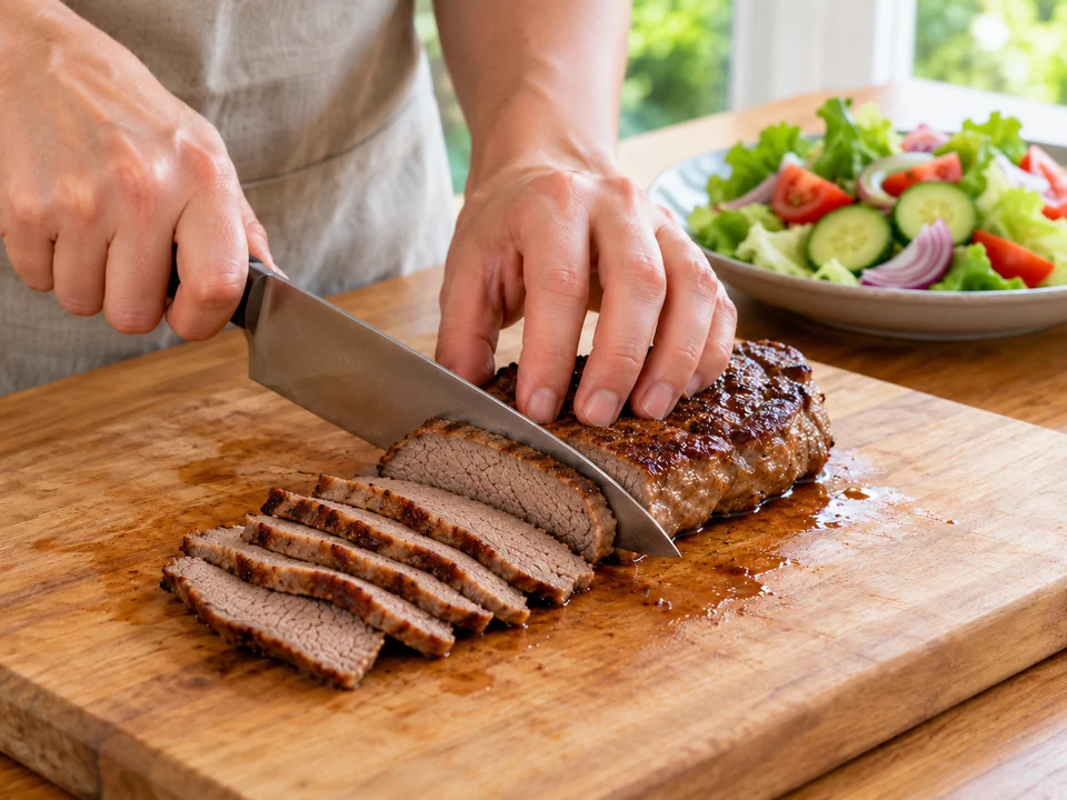 Durchgegartes Rindfleisch auf einem sauberen Brett dünn aufschneiden.