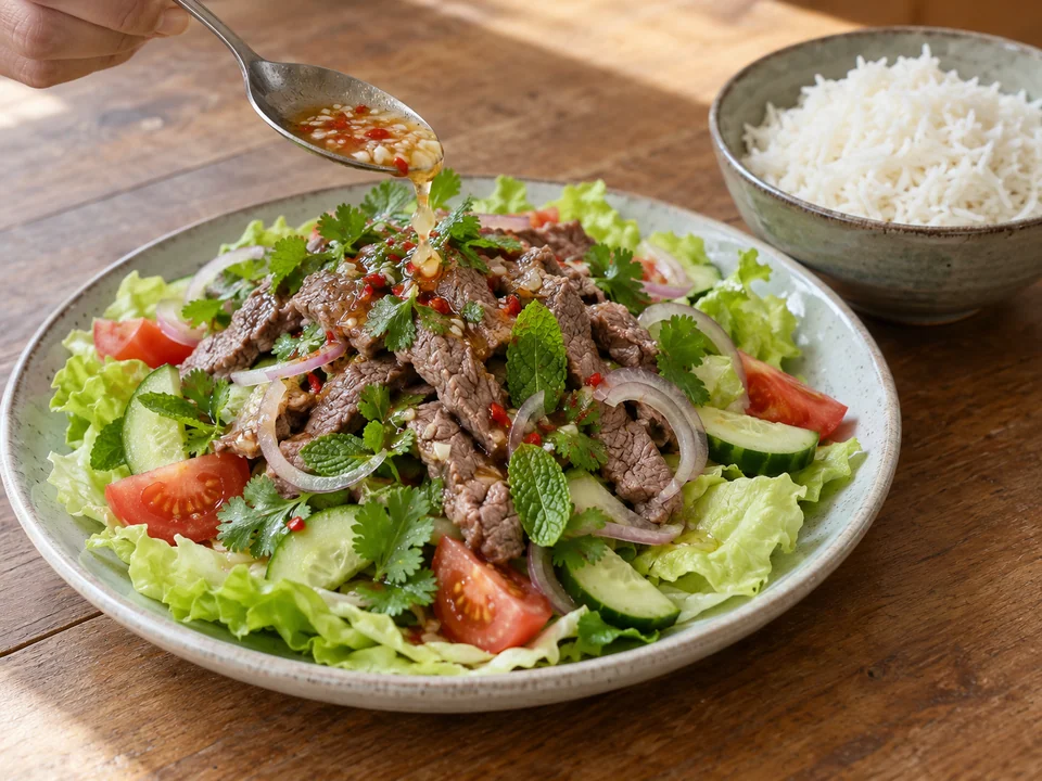Thai-Rindfleischsalat mit Minze, Koriander, Limetten-Fischsaucendressing und Reis frisch anrichten.