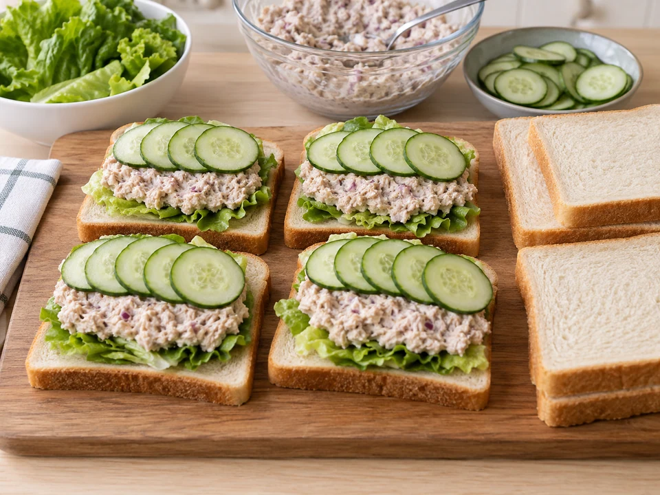 Salat, Thunfischfüllung und Gurke aufschichten