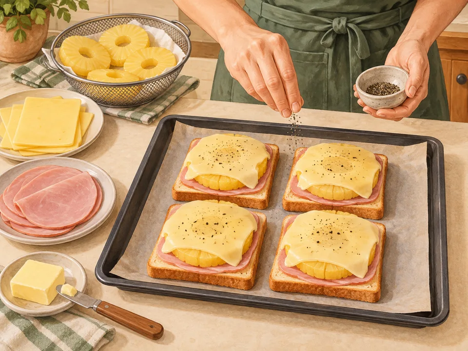 Die Toasts mit Schinken, Ananas und Gouda belegen.