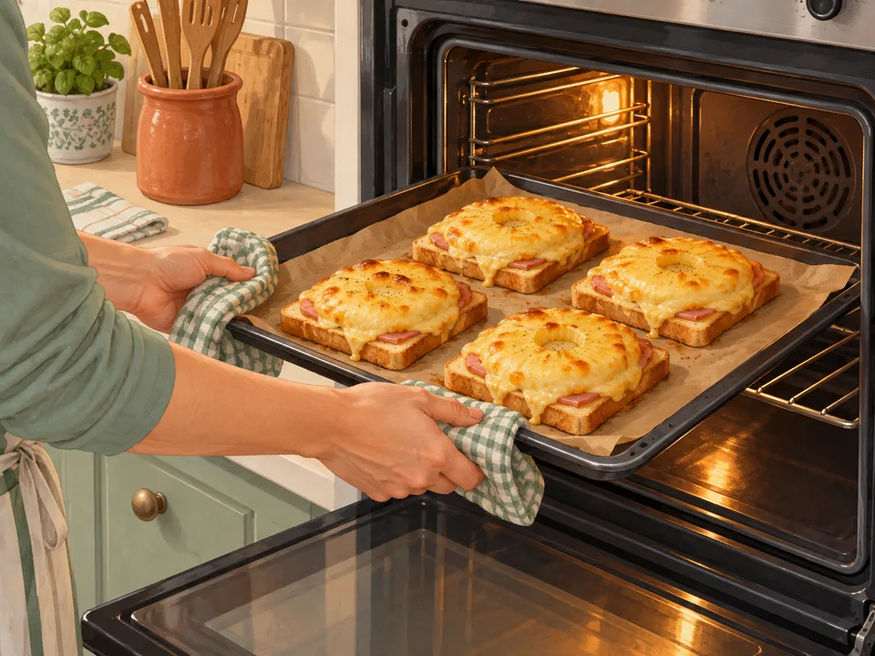 Die Toasts mit geschmolzenem Käse aus dem Ofen nehmen.