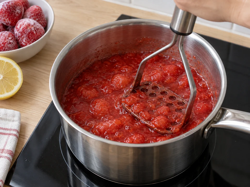 Erdbeeren aufkochen und zu einer Sauce zerdrücken.