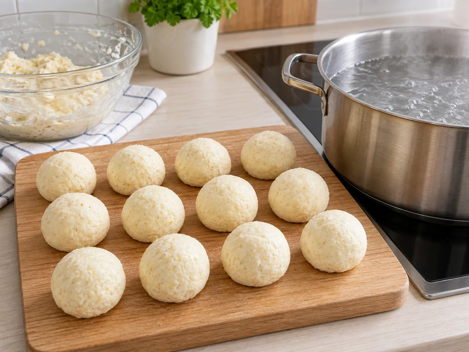Zwölf gleich große, ungefüllte Knödel formen.