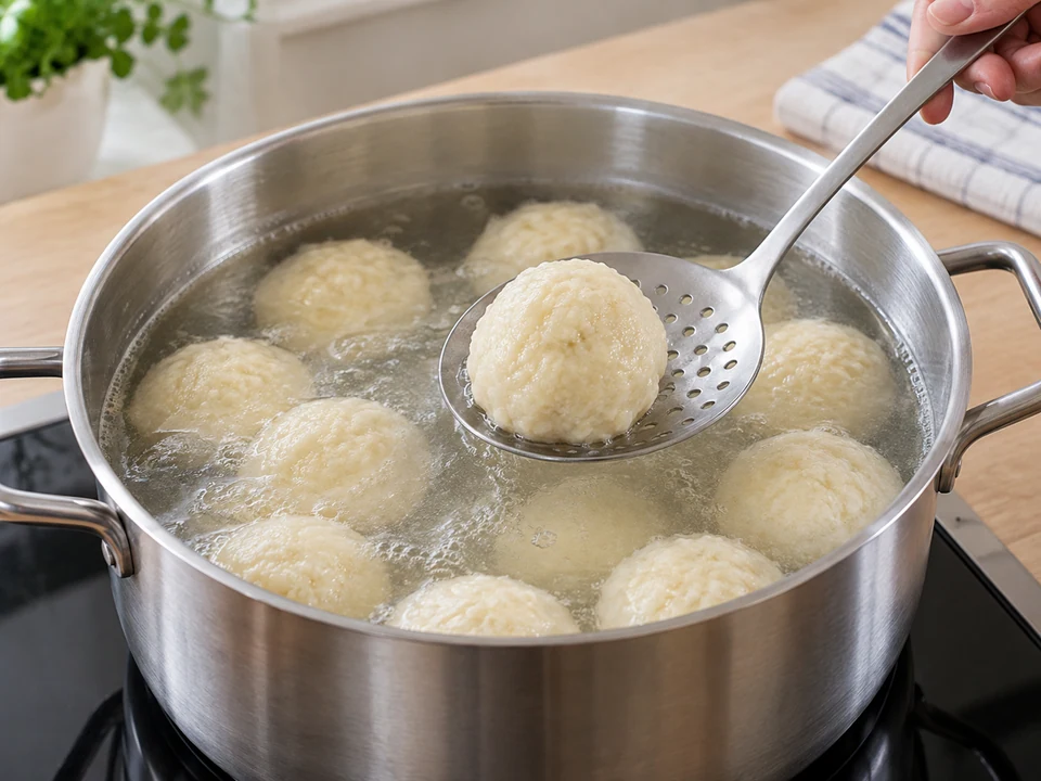 Knödel in nur leicht siedendem Wasser gar ziehen lassen.