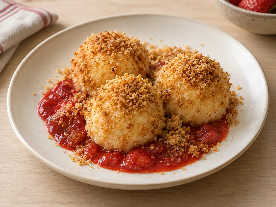 Drei Knödel in Butterbröseln mit Erdbeersauce servieren.
