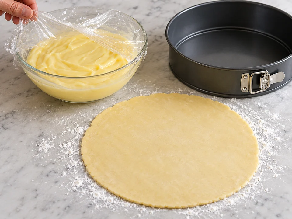 Creme abkühlen und Teigboden ausrollen