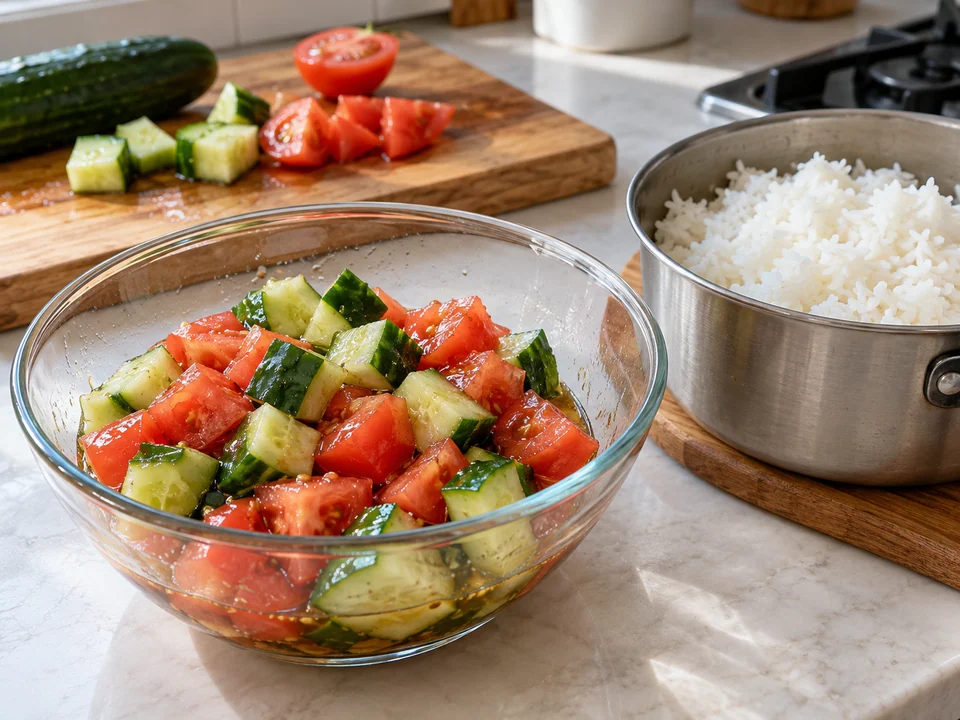 Reis und Salat vorbereiten